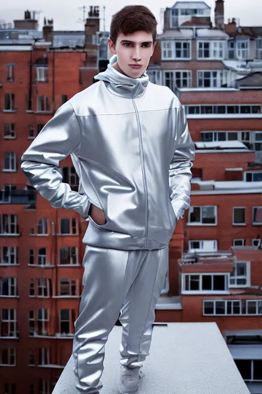 Image similar to un ultra high definition studio quality photographic art portrait of a young man standing on the rooftop of a british apartment building wearing soft padded silver pearlescent clothing. three point light. extremely detailed. golden ratio, ray tracing, volumetric light, shallow depth of field. set dressed.