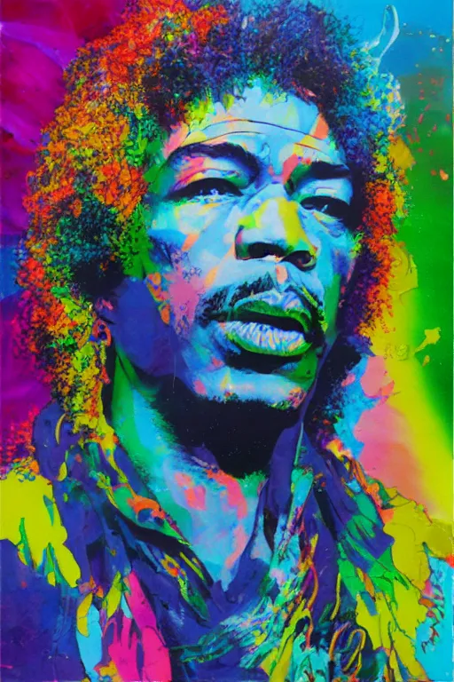 Image similar to Jimi Hendrix acrylic paint pour, watercolor, marbling, graffiti, very detailed, large white border, 144x144 canvas, hd, high resolution print :1 CMYK :1