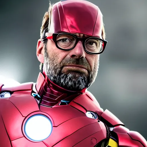 Image similar to jurgen klopp as iron man, unmasked, movie still, cinematic, photorealistic, extreme detail, sharp focus, 8 k, rain, close up, anamorphic lens, lighting, dark