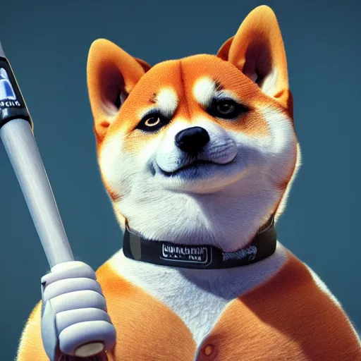 Image similar to shiba inu holding a baseball bat with his two hand trying to hit a spot, cinematic lightning, 4 k, ultra detailed, trending on artstation, masterpiece, digital art.