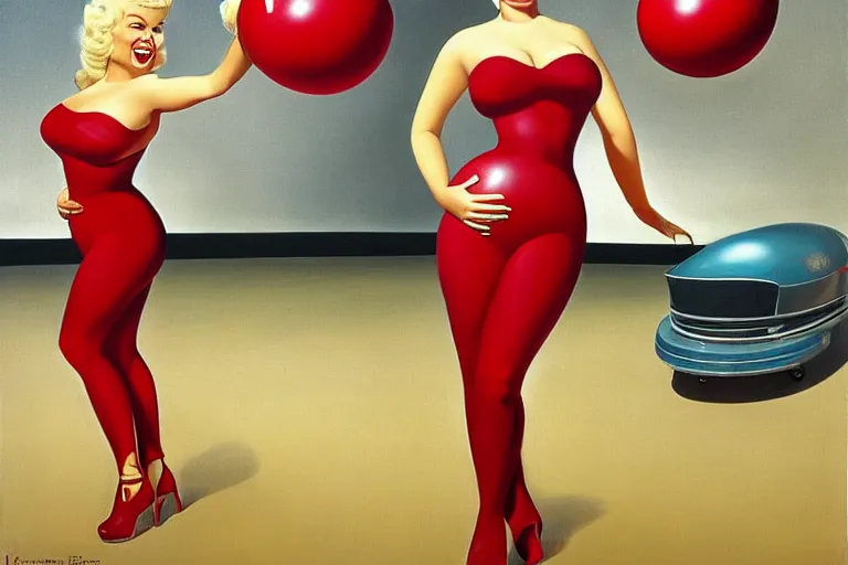 Prompt: jayne mansfield in a bowling alley with a perspective view of bowling pins at the end of the lane, jayne mansfield about to roll a large red bowling ball down a bowling land towards bowling pins, jayne mansfield holding a large red bowling ball in a provocative pose, by francine van hove