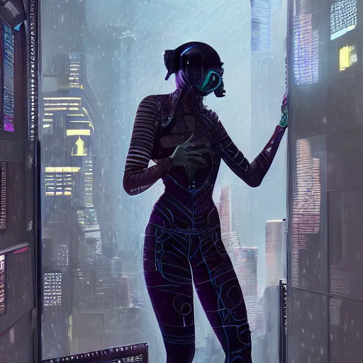 Image similar to portrait of cyberpunk woman looking out of a window, cyberpunk setting, futuristic, highly detailed, intricate lighting, digital painting, sharp focus, illustration, trending on artstation, art by chengwei pan.