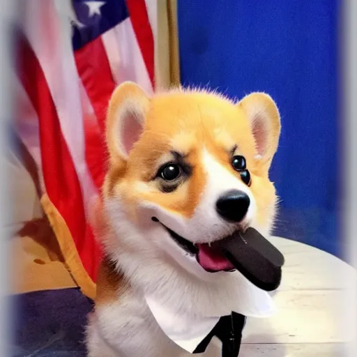 Image similar to Corgi with Donald Trump wig, photography, cute,