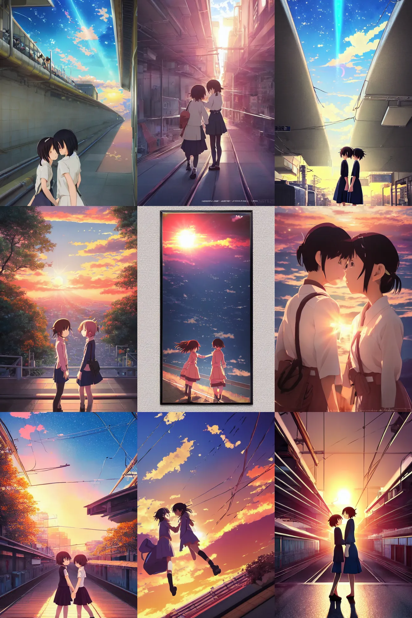 Prompt: Ultra realistic 3d anime poster Kimi no na wa, two cute 3d anime lofi schoolgirls hugging each other on huge japanese elevated subway infrared sunset. fantasy, elegant, dramatic light, trending on artstation, smooth, sharp focus, illustration, art by hiro kiyohara and hayao miyazaki oil painting