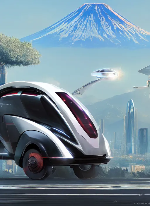 Image similar to a futuristic solarpunk tesla cyber truck vehicle hover craft in the future of 2 0 8 9 futuristic version, cyberpunk look. digital art. trending on artstation. cyberpunk look hovering by mount fuji early in the morning with a few blossom trees around, high quality photo