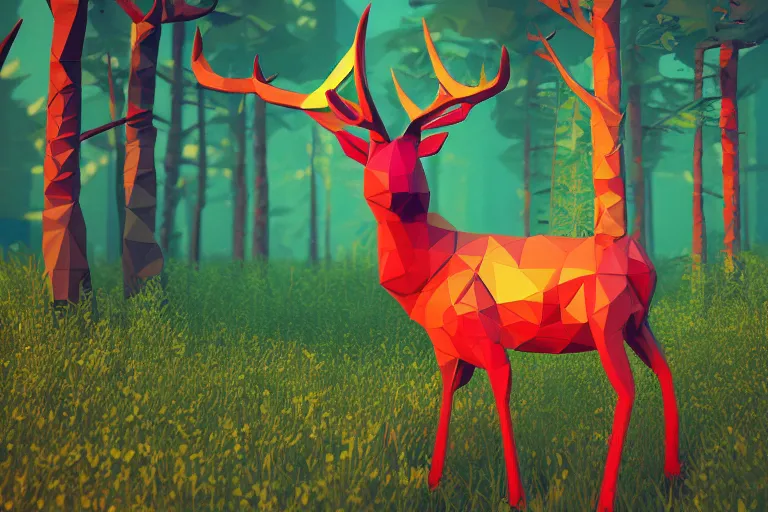 Prompt: super detailed color lowpoly art, red deer in an undergrowth, unreal engine, retrowave color palette, 3 d render, lowpoly, colorful, digital art, perspective