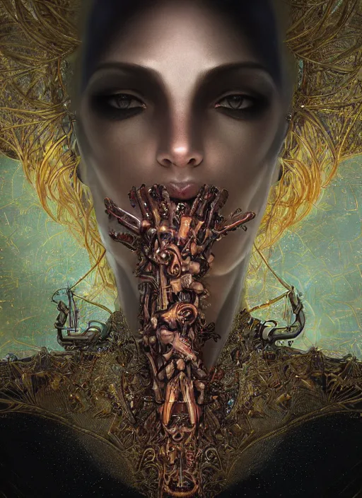 Image similar to epic portrait of menacing and anxious yet stunningly beautiful biomechanical djinn overseeing the iridescent fabric of the universe, by charlie bowater, mandy jurgens, gustav klimt, octane render, dramatic camera angle, 4k, 8k, high detail, HDR, by tom bagshaw, powerful, with inspiration from Beksinski