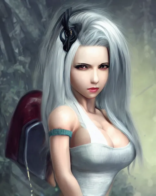 Prompt: tifa lockhart with white hair, beautiful face, very shy, elegant clothes, introverted, garden, utopian city, solarpunk, perfect, attractive, illuminated, ultra realistic, atmosphere, cinematic, artstation, highly detailed, art by dmitry prozorov