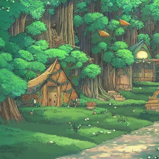 Image similar to a forrest mystical society and village, studio ghibli style