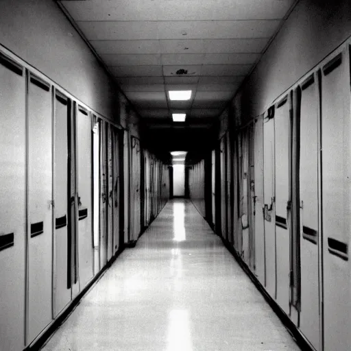 Prompt: the interior of an empty school hallway, small, cramped, blue lockers, large painted white brick walls, dim fluorescent lighting, circa 2 0 0 2