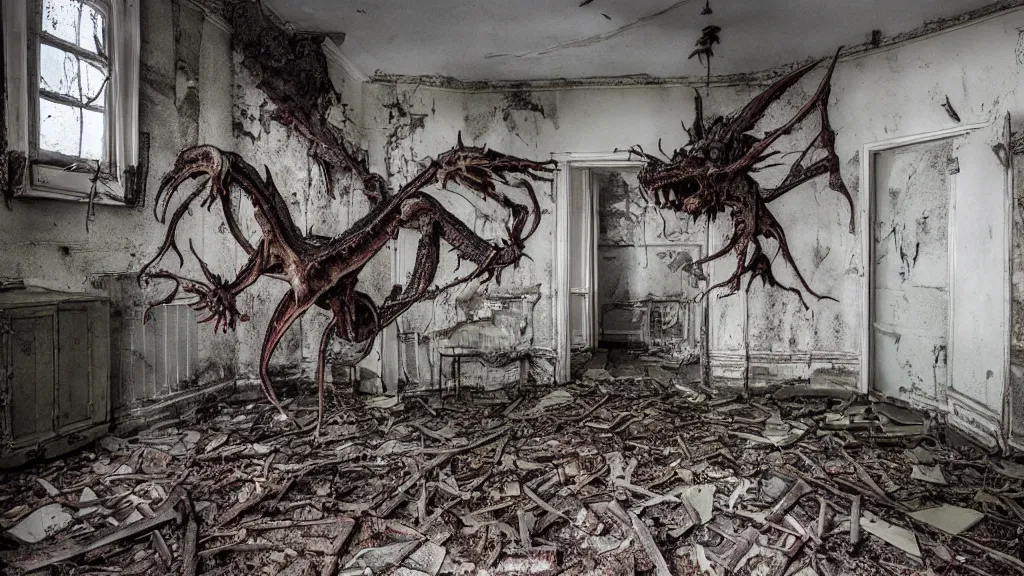 Prompt: a photograph of a decomposing thanatosdrakon in an old dilapidated mental hospital, scary, dark, hyper - detailed