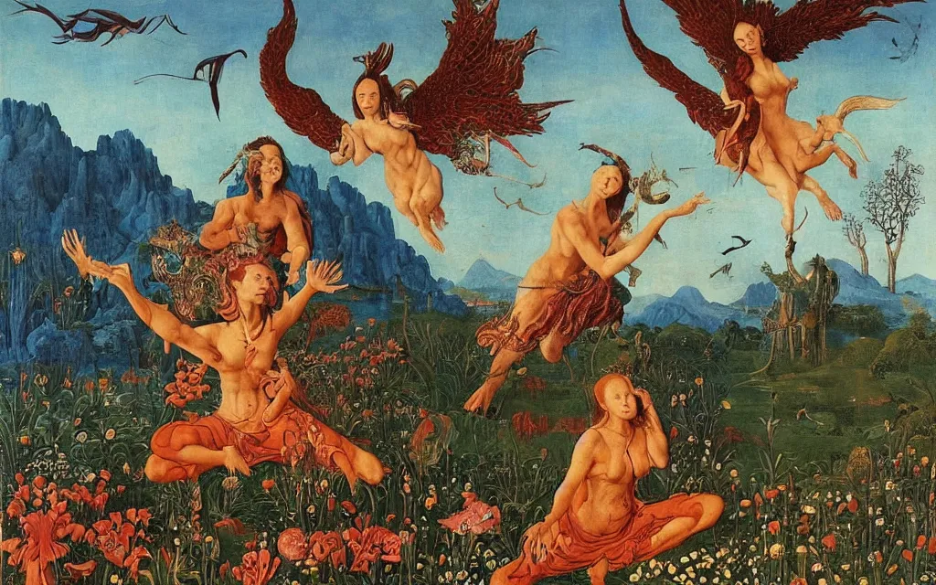 Prompt: a portrait photograph of a meditating harpy and a centaur monk riding a phoenix and hunting at a river delta. surrounded by bulbous flowers and trees. mountain range under a blue sky of fiery stars. by jan van eyck, max ernst, ernst haeckel, ernst fuchs and artgerm, cgsociety, fashion editorial, 8 k