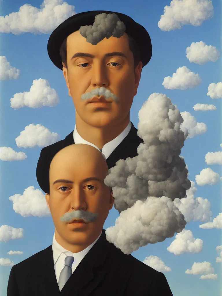Image similar to portrwit of man with cloud instead of his head by rene magritte, detailed painting, hd, hq, high resolution, high detail, 4 k, 8 k