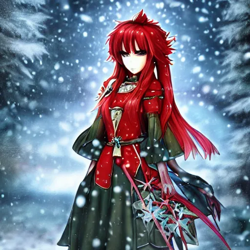 Prompt: portrait focus of knight beautiful 3D anime girl, tomato armor wearing, dark forest background, snowing, bokeh, inspired by Masami Kurumada, digital painting, high contrast, unreal engine render, volumetric lighting, high détail