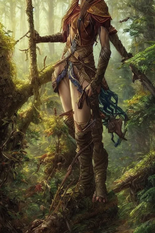 Prompt: beautiful oil painting with high detail of a wood-elf ranger from dungeons and dragons in the forest by artgerm and greg rutkowski and thomas kinkade