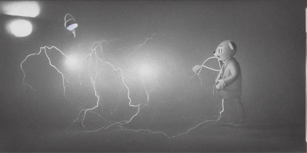 Prompt: detailed medium format photo, polaroid still from tarkovsky movie, reddy kilowatt with electricity coming from his nose, haze, high production value, intricate details, 8 k resolution, hyperrealistic, hdr, photorealistic, high definition, tehnicolor, award - winning photography, masterpiece, amazing colors