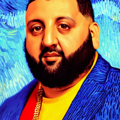 Image similar to ultra detailed portrait photo of dj khaled in a studio, blue, under red and yellow cinematic lighting, by van gogh, cartoon