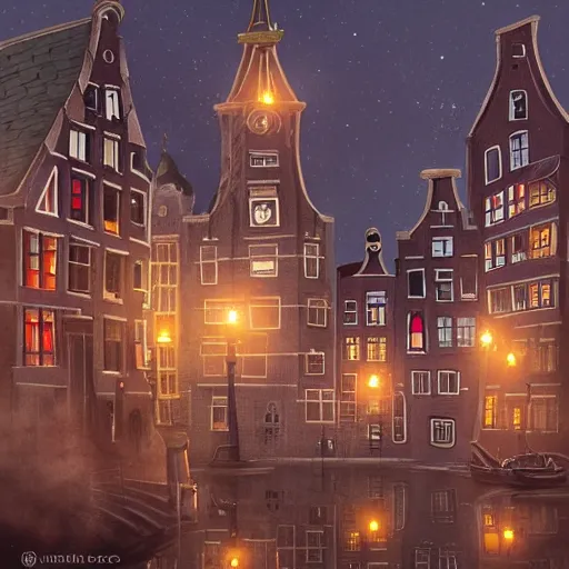 Prompt: a magical town with very tall and extremely crooked buildings, inspired by amsterdam and victorian england, night time, digital painting, highly detailed, concept art, game art, matte painting, trending on artstation