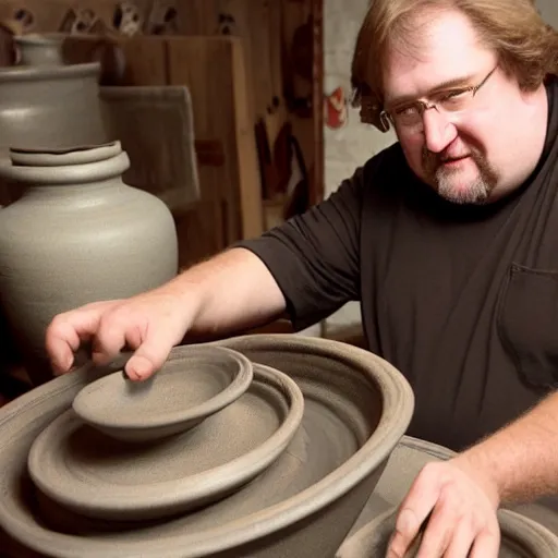 Prompt: Gabe Newell doing pottery