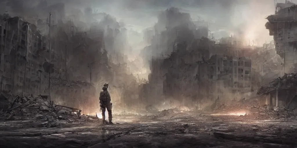Prompt: a last standing soldier looking at destroyed city, concept art, deviantart, art station, landscape, cinematic, lighting, hyper realistic painting