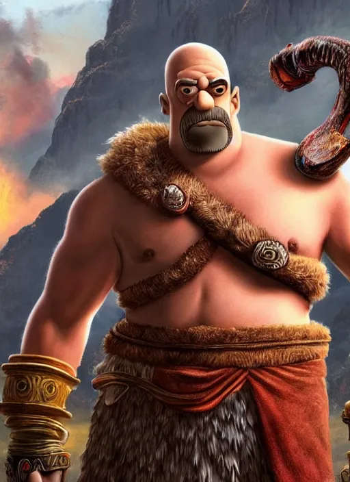 Image similar to Homer Simpson:: depicted as Kratos God of War, high detailed official artwork