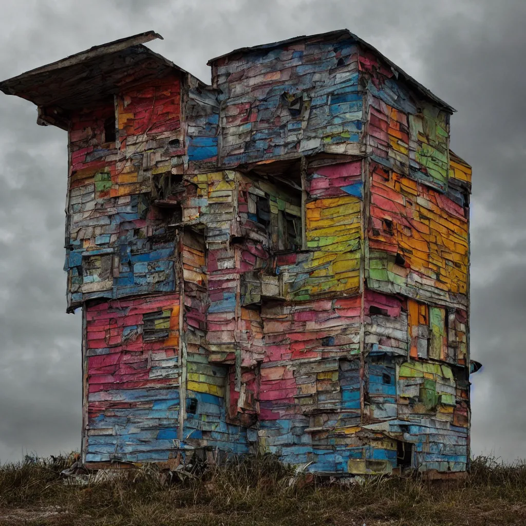 Prompt: close - up view of a tower made up of colourful makeshift squatter shacks, bleached colours, moody cloudy sky, dystopia, mamiya, very detailed, photographed by cristina de middel