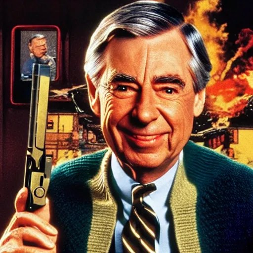 Image similar to Mr. Rogers as an action movie poster dual wielding high-caliber pistols with explosions in the background