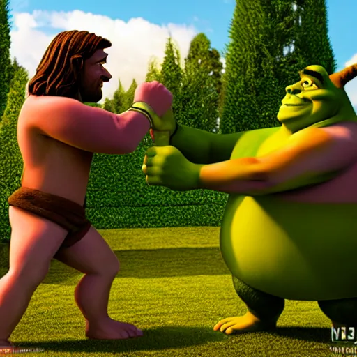 Image similar to muscular jesus fighting muscular shrek, highly detailed, high quality, hd, 4 k, 8 k, canon 3 0 0 mm, professional photographer, 4 0 mp, lifelike, top - rated, award winning, realistic, sharp, no blur, edited, corrected, trending