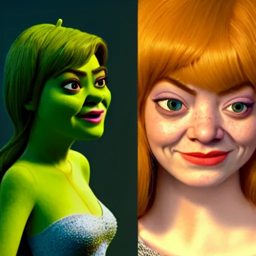 Image similar to Emma Stone as a female version of Shrek, she has shrek nose, ears features, with green skin, fully detailed, high quality , 4k , octane render , soft lightening , masterpiece