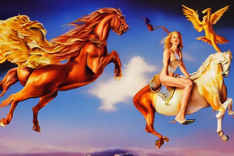 Image similar to gillian anderson riding a pegasus, painted by boris vallejo and julie bell, oil on canvas