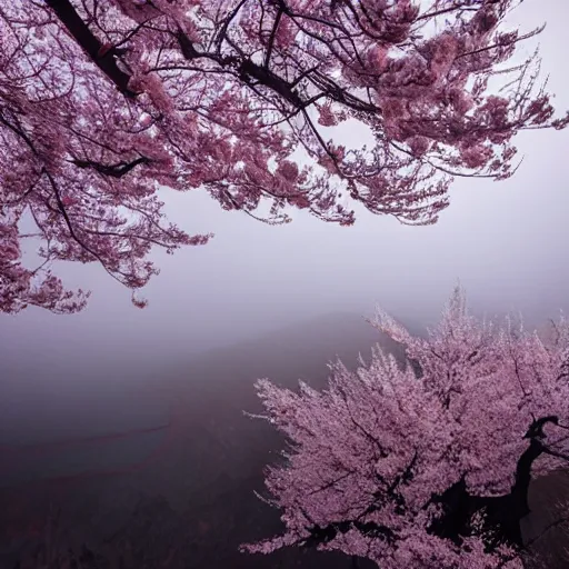 Image similar to chinese landscape of mountains in fog with sakura trees