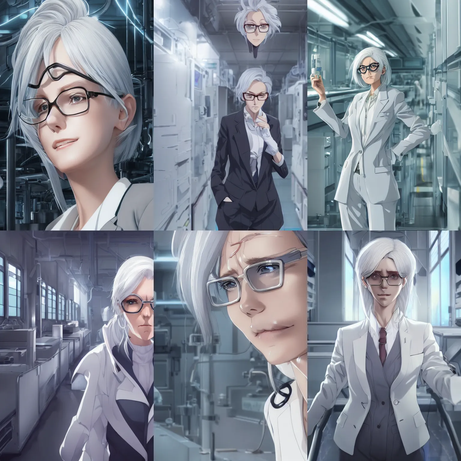 Prompt: a portrait of a beautiful woman with grey hair, wearing white suit and glasses, standing inside a research facility, character art, anime key visual, official media, illustrated by wlop, extremely detailed, 8 k, trending on artstation, cinematic lighting, beautiful