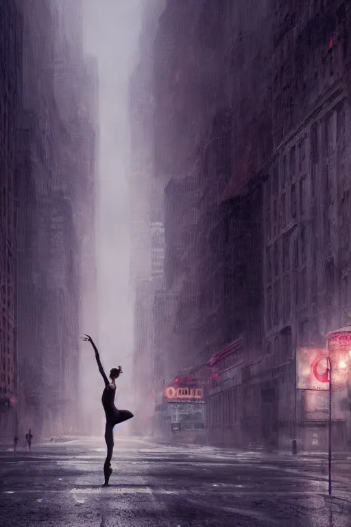 Image similar to a ballerina dancing in the empty streets of New York , beautiful woman, digital art, by Greg Rutkowski, volumetrics, dark realism, 4k, trending on artstation