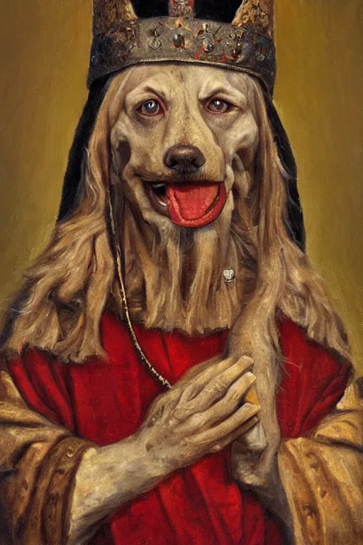 Prompt: Slavic dog head man, woolen torso in medieval clothes, Orthodox Saint Christopher, oil painting, hyperrealism, beautiful, high resolution, trending on artstation,