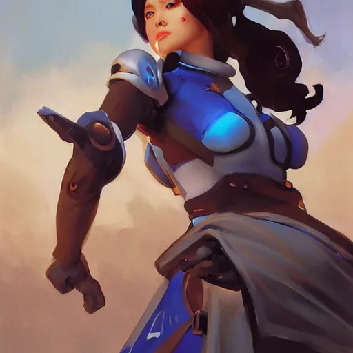 Image similar to greg manchess portrait of partially armored girl sorcerer as overwatch character, matte painting, bold shapes, hard edges, by huang guangjian, gil elvgren, sachin teng. in a beautiful landscape full of emotions, cgsociety masterpiece, artstation trending, by rossdraws, ghibli, kimi no na wa, greg rutkowski, simon stalberg, greg manchess