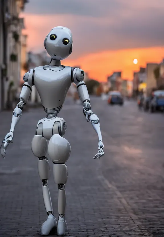 Image similar to a calming photograph of a slender, humanoid robot caresses a beautiful human woman in the face, large shot, wide shot, in a street, sunset photo