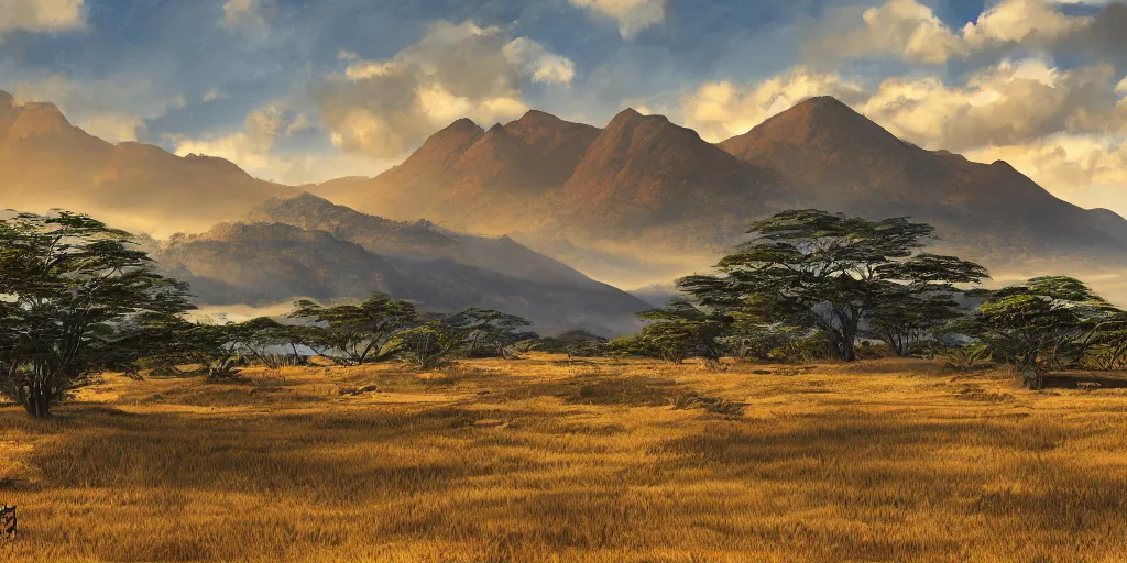 Prompt: Malagasy landscape in the early morning, digital painting, highly detailed