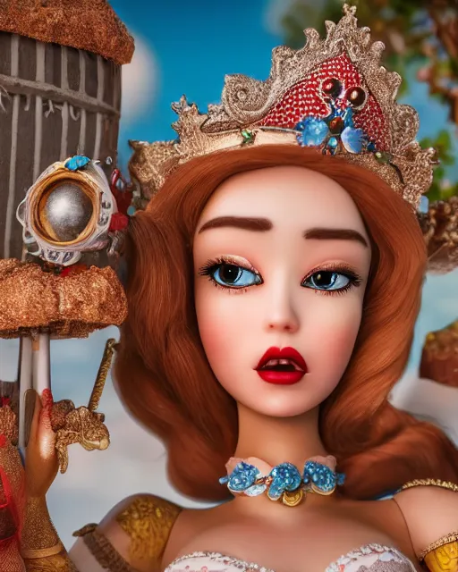 Image similar to closeup face profile portrait of a tin toy fairytale princess wearing a crown eating cakes, bikini, depth of field, zeiss lens, fashion photoshoot by max fleischer, breathtaking, detailed and intricate environment, 8 k resolution, extremely detailed, beautiful, establishing shot, artistic, hyperrealistic, octane render