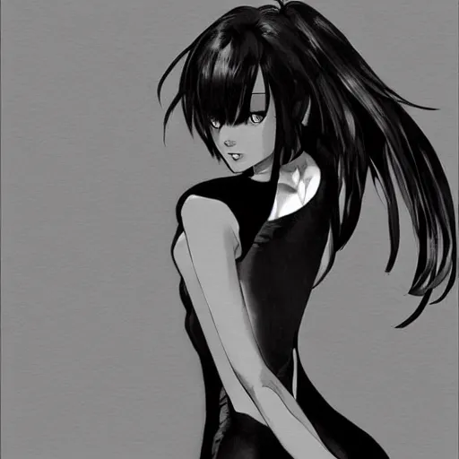 Prompt: slim beautiful killer girl in tuxedo with short black hair, elegant, 2d, ultra highly detailed, digital painting, smooth, sharp focus, artstation, black and white art by Tsutomu Nihei