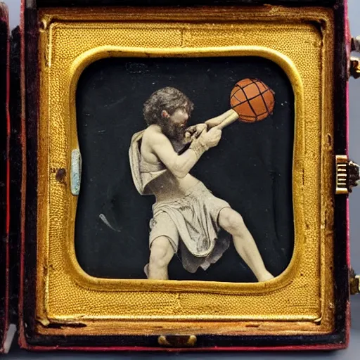 Image similar to Daguerreotype of a Byzantine warrior dunking a basketball into a hoop