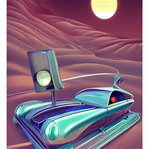 Image similar to futuristic chrome car in desert, ad by tyler edlin and petros afshar and christopher balaskas and marius borgeaud and kiliain eng, atomic age maximalist, art nouveau, well proportioned, highly detailed