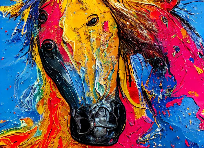 Image similar to abstract expressionist mid shot portrait of a horse made of very thick impasto paint and acrylic pour and coloured powder explosion and splashing paint and dripping paint and flying paint chunks, eyes closed or not visible, expressing strong emotions, art by antony micallef, motion blur, hyperrealistic, intricate art photography, anatomically correct, realistic crisp textures, 1 6 k