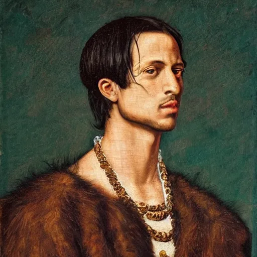 Image similar to a renaissance style portrait painting of travis scott