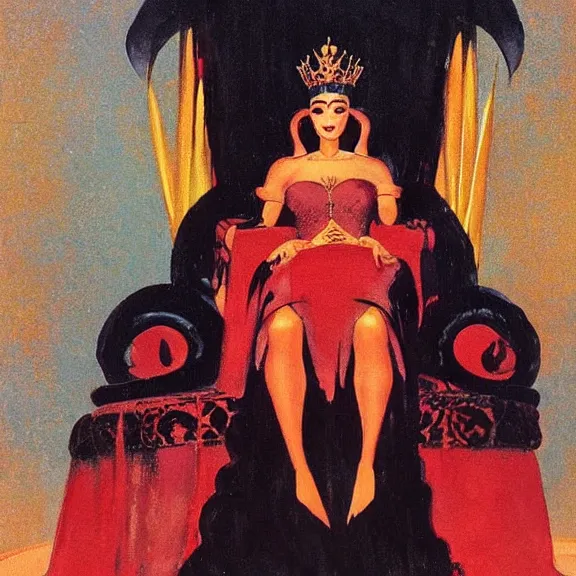 Prompt: an oil painting of a queen in a black funeral dress sitting on a throne, by bruce pennington, by eyvind earle, nicholas roerich, by frank frazetta, by georgia o keeffe