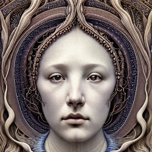 Image similar to detailed realistic beautiful moon goddess face portrait by jean delville, gustave dore, iris van herpen and marco mazzoni, art forms of nature by ernst haeckel, art nouveau, symbolist, visionary, gothic, neo - gothic, pre - raphaelite, fractal lace, intricate alien botanicals, ai biodiversity, surreality, hyperdetailed ultrasharp octane render