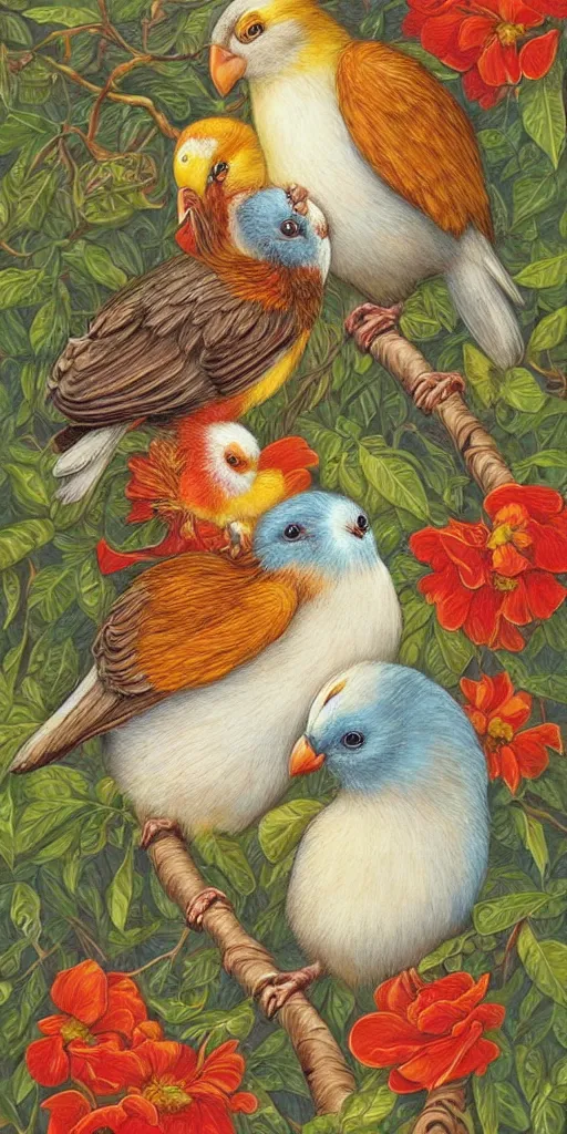 Prompt: greeting card, love, beautiful birds, by greg simkins, warm colors, cozy