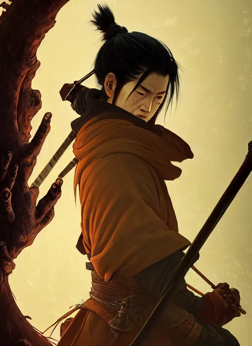 Image similar to highly detailed portrait of sekiro, stephen bliss, unreal engine, greg rutkowski, loish, rhads, beeple, makoto shinkai and lois van baarle, ilya kuvshinov, rossdraws, tom bagshaw, tom whalen, alphonse mucha, global illumination, god rays, detailed and intricate environment