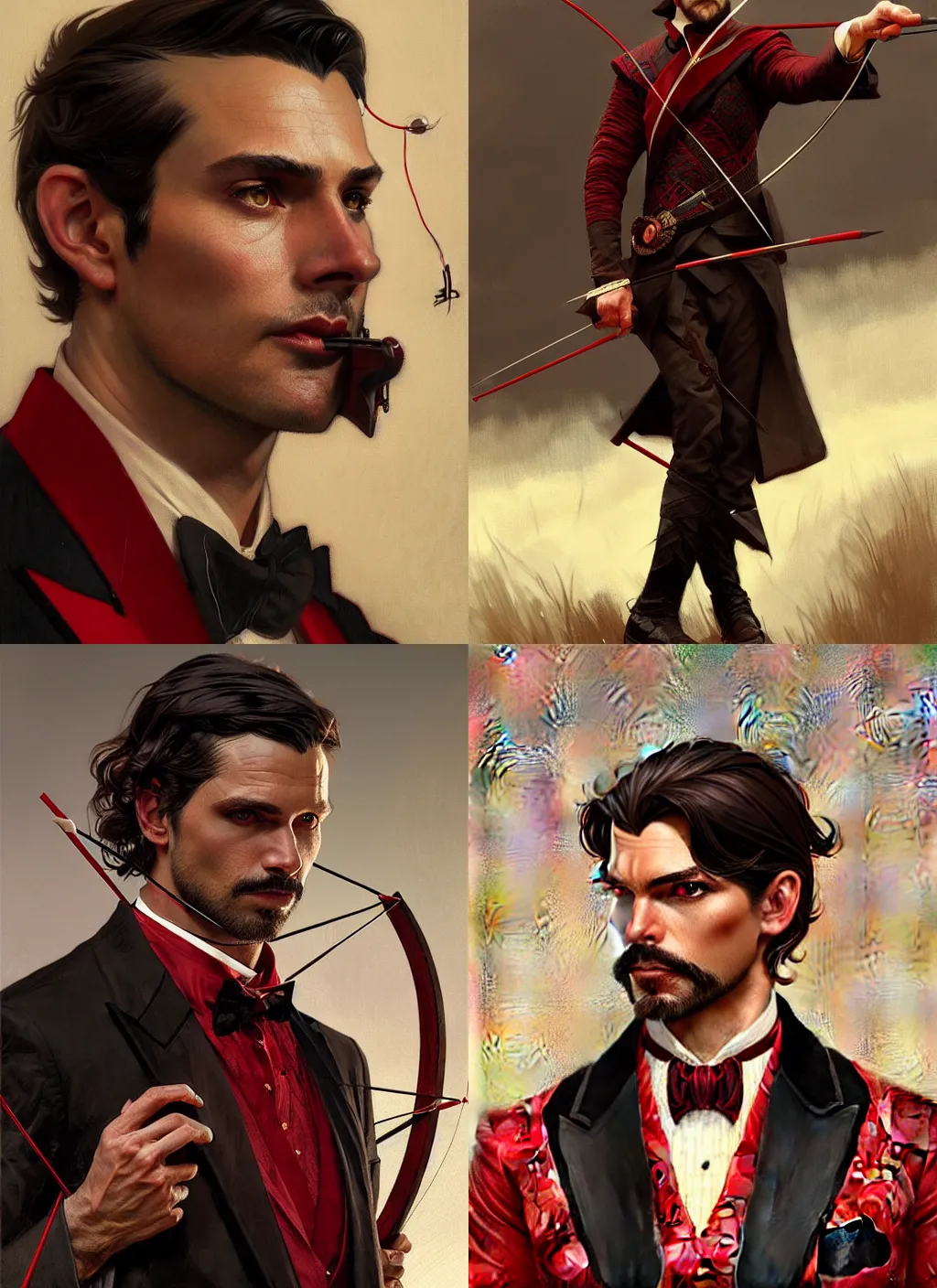 Prompt: Portrait of a serious male archer, D&D fantasy, short slicked brown hair, stubble on his face, black and red tuxedo, intricate, highly detailed, digital painting, artstation, concept art, sharp focus, illustration, art by greg rutkowski and alphonse mucha