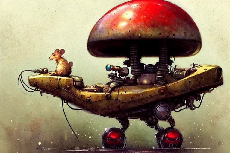 Image similar to adventurer ( ( ( ( ( 1 9 5 0 s retro future robot mouse amphibious vehical home. muted colors. mushrooms ) ) ) ) ) by jean baptiste monge!!!!!!!!!!!!!!!!!!!!!!!!! chrome red