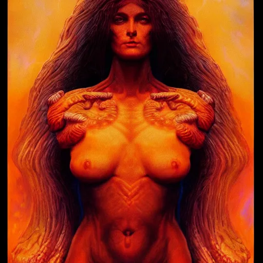 Image similar to A stunning portrait of a goddess, her body made of flames, by Wayne Barlowe, 8K UHD, intricate, fantasy, Trending on artstation.